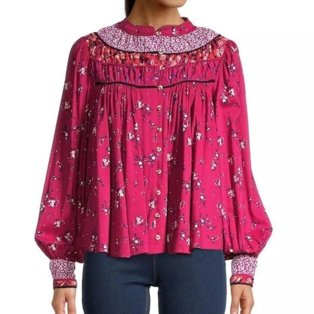 Free People Paloma Boho Blouse shirt womens XS retro colorful oversized hippie